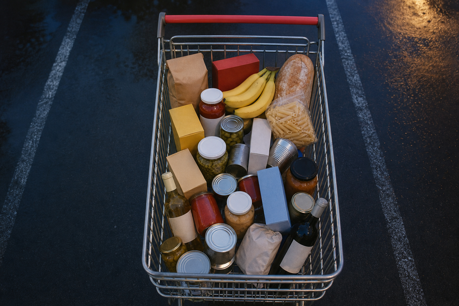 En indkøbsvogn fyldt til randen med umærkede dagligvarer i mange slags emballage, glas med hvide låg, papæsker, dåser med blanke etiketter, en papirpose kaffe, pasta, bananer og et brød, set lodret oppefra på en våd parkeringsplads ved et supermarked i blå skumring med varmt gadelys og et mat rødt vognhåndtag