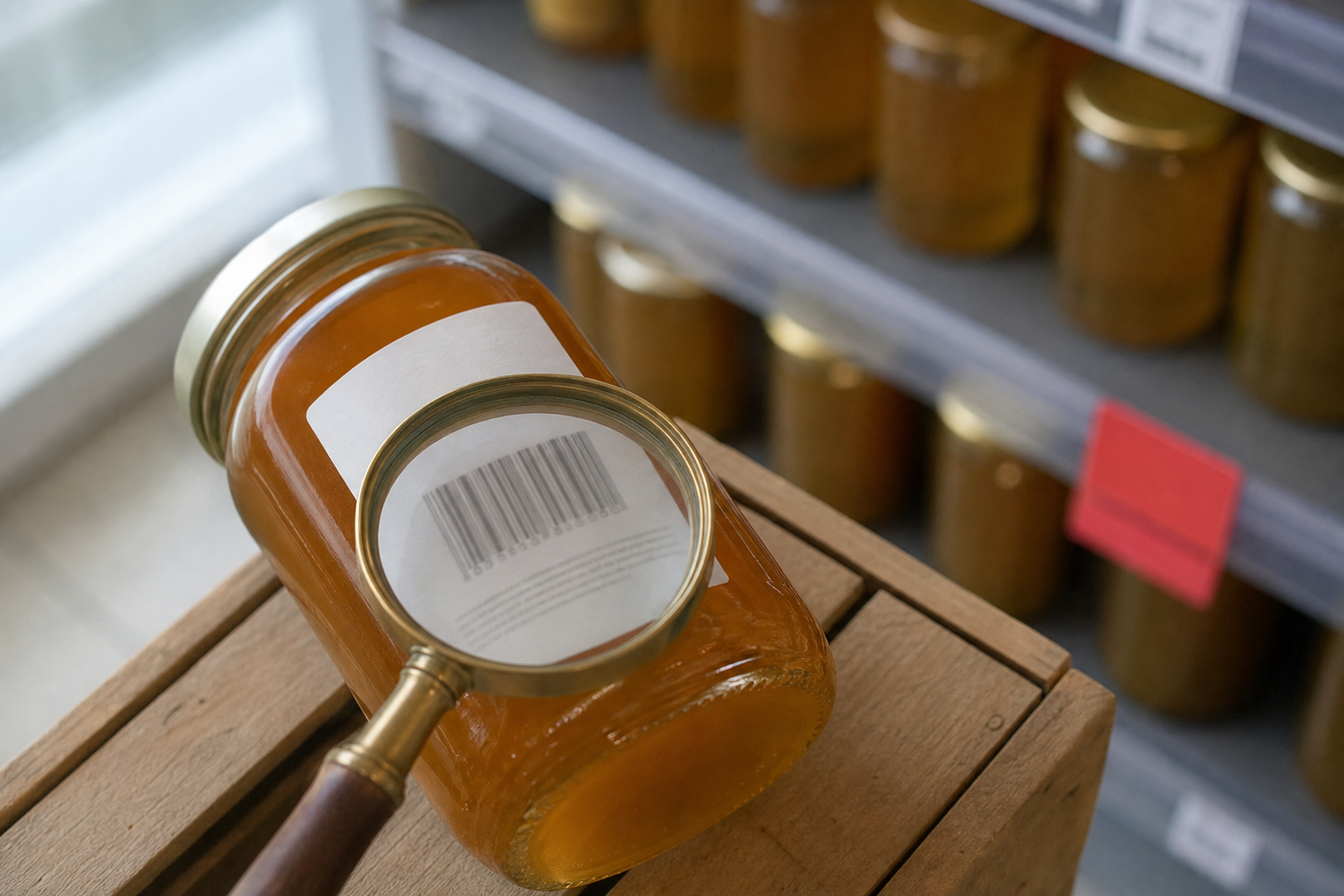 Ein unbeschriftetes Honigglas liegt auf einer hellen Holzkiste im Supermarkt, das weiße Rückenetikett mit einem Strichcode ohne lesbare Ziffern und kleiner unleserlicher Schrift nach oben, darauf eine runde Messinglupe, im unscharfen Hintergrund Gläser ohne Etiketten und ein matt roter Preisclip, kühles Morgenlicht von links, schräg von oben fotografiert