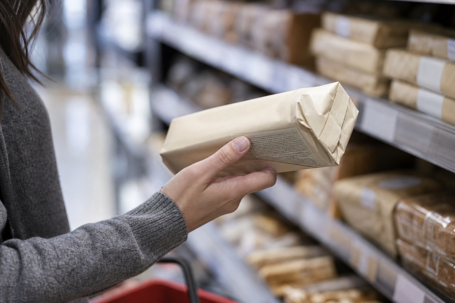 Nærbillede af en hånd, der holder en umærket kikspakke og læser ingredienslisten i en supermarkedsgang med sløret hylde og en rød indkøbskurv i hjørnet