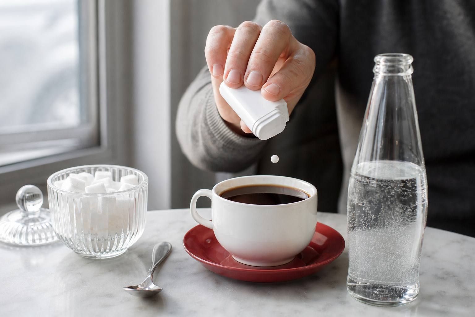 En hånd lader en lille hvid sødetablet falde fra en umærket hvid dispenser ned mod en kop sort kaffe på en mat rød underkop på et cafébord ved et vindue, med en glasskål med sukkerknalder, en teske og en umærket glasflaske danskvand ved siden af, i køligt morgenlys fra venstre, fotograferet tæt på fra siden i bordhøjde