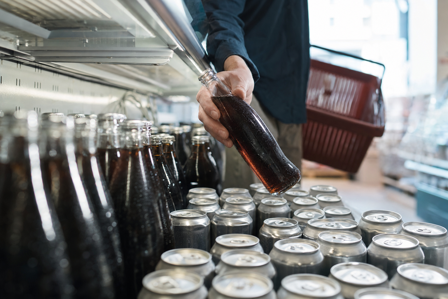 Hånd løfter en umærket brun glasflaske med cola ud af en kølemontre i supermarkedet, set indefra køleskabet mellem rækker af umærkede flasker og dåser med dug på glasset, og en rød indkøbskurv på underarmen i køligt LED-lys