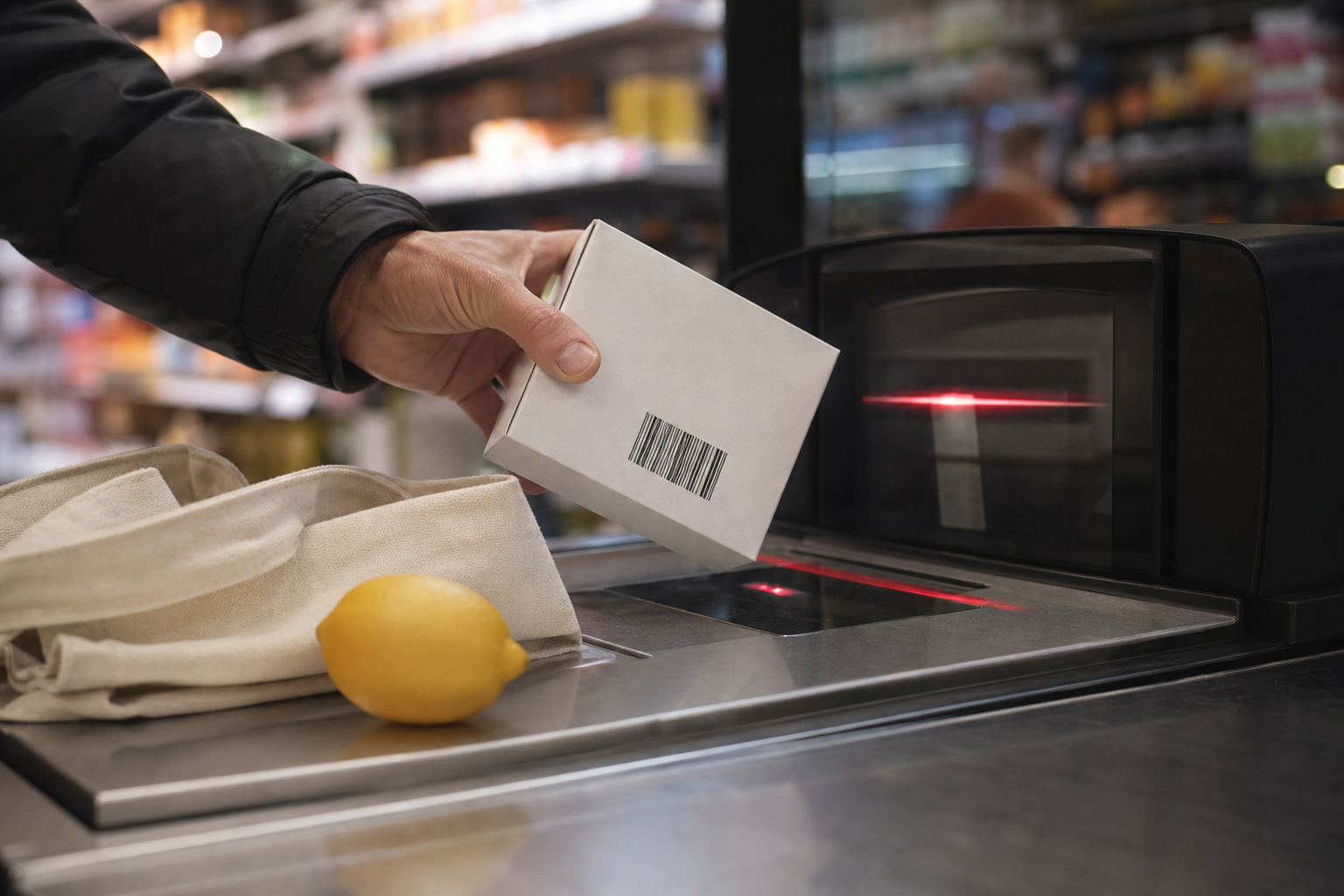 Hånd holder en umærket hvid papæske med en stregkode hen over glasruden på en scanner ved en selvbetjeningskasse med rødt scannerlys, stofpose og citron på stålkassen i aftenlys