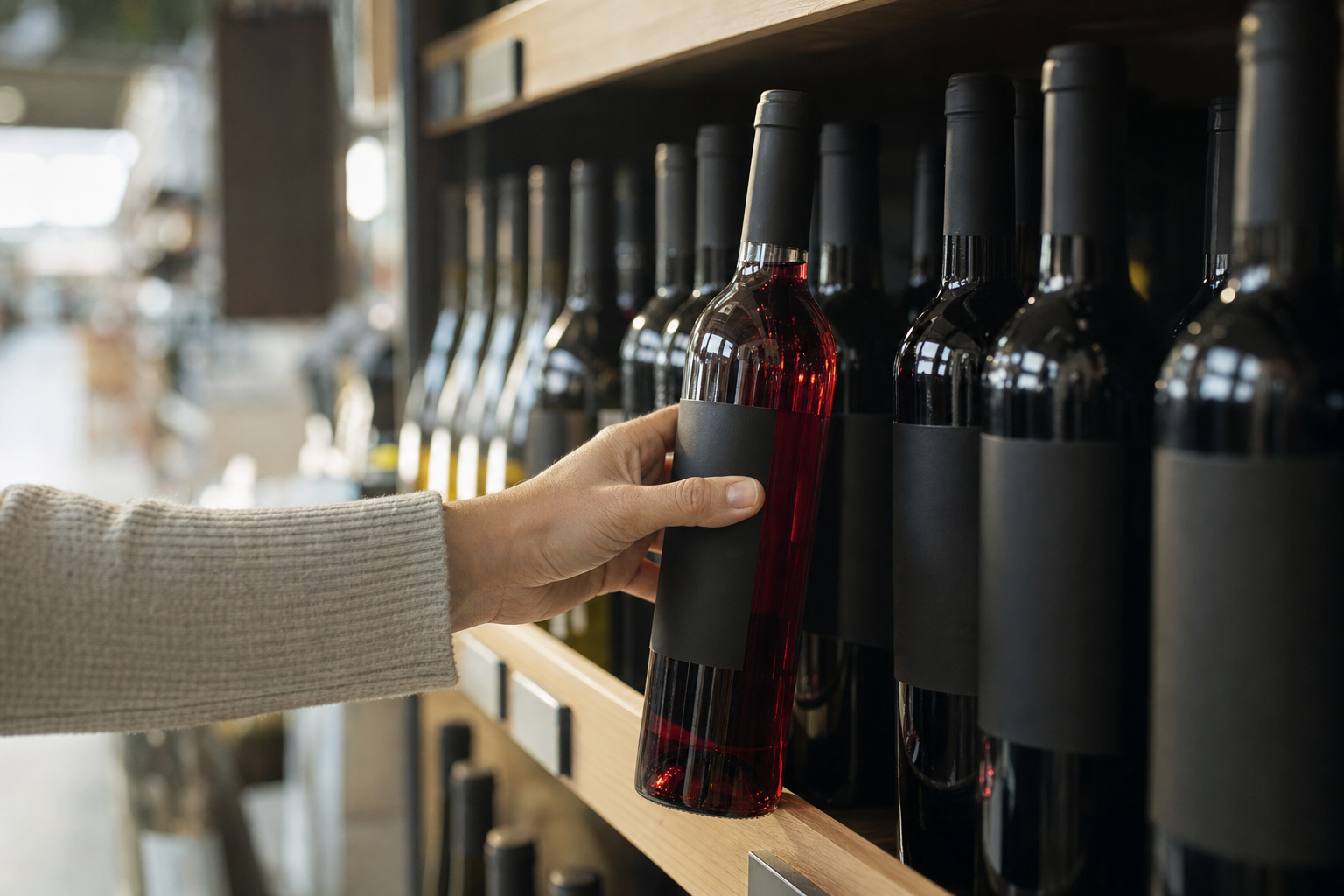 Hånd sætter en klar glasflaske med mørk rødvin tilbage på en lys træhylde i vinafdelingen i et supermarked, mellem rækker af mørke flasker med blanke etiketter uden tekst, i varmt sidelys sidst på eftermiddagen, fotograferet lavt i hyldehøjde