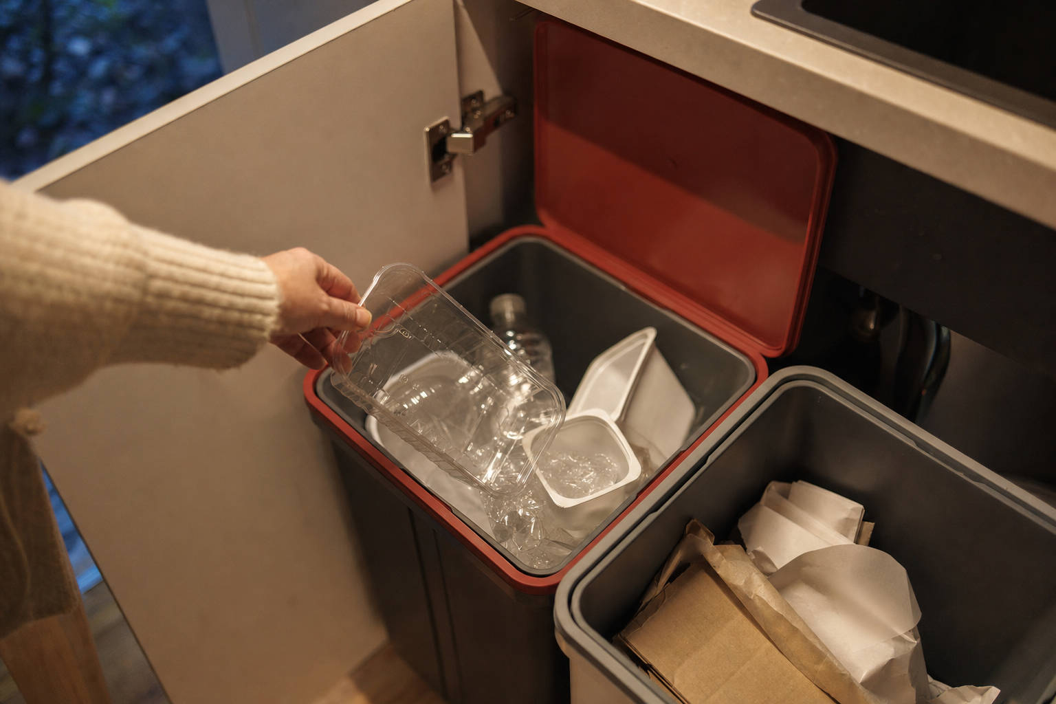 Hånd lægger en tom, klar plastikbakke uden mærke i en affaldsspand med mat rødt låg i skabet under køkkenvasken, hvor der i forvejen ligger umærkede plastikflasker, sammenkrøllet plastikfolie og hvide yoghurtbægre uden tryk, set skråt oppefra i varmt aftenlys fra en køkkenlampe
