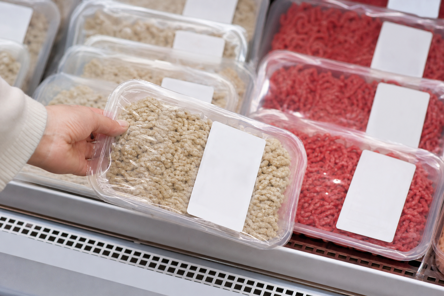 En hånd løfter en umærket bakke plantebaseret fars med blank hvid etiket fra køledisken i et supermarked, hvor bakker med rødt hakket oksekød uden mærker ligger lige ved siden af, i køligt kølelys, fotograferet skråt oppefra tæt på