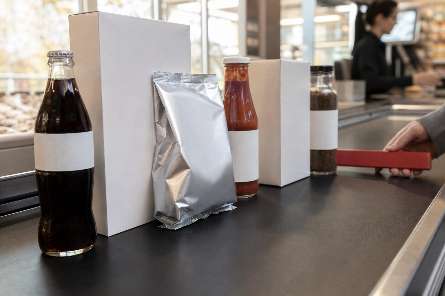 Kassenband im Supermarkt, flach auf Bandhöhe fotografiert: eine Colaflasche mit leerem Etikett, eine weiße Müslipackung ohne Druck, eine silberne Chipstüte ohne Aufdruck, eine Ketchupflasche aus Glas mit leerem Papieretikett, ein schlichter Waschmittelkarton und ein Kaffeeglas ohne Etikett; eine Hand legt einen matt roten Warentrenner dahinter, Kasse unscharf im Hintergrund, kühles Deckenlicht und warmes Nachmittagslicht von links