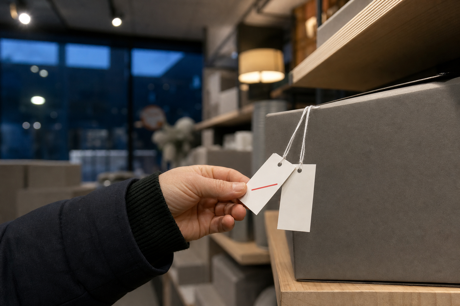 En kundes hånd holder to blanke hvide prismærker i snor fra en umærket grå papæske på en hylde i en butik med husholdningsvarer, hvor det ene mærke er streget over med en mat rød tusch, med slørede umærkede æsker og et mørkt butiksvindue med blåt tusmørke bagved, i køligt butikslys en mørk eftermiddag i november, fotograferet i øjenhøjde fra siden